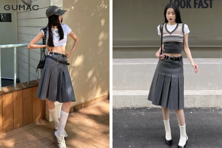 Mẫu váy xếp ly dáng dài 80cm